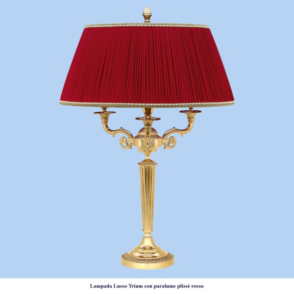 Lampada Lusso classica in ottone modello Trium con paralume plissè rosso