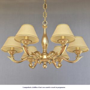 Lampadario classico in ottone modello Achillea Medio 6 luci con conetti svasati