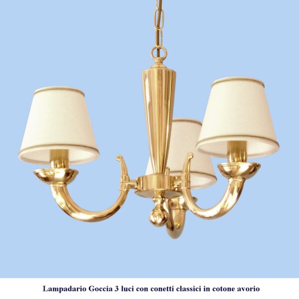 Lampadario moderno in ottone modello Goccia 3 luci con conetti classici