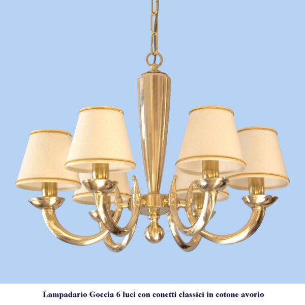 Lampadario moderno in ottone modello Goccia 6 luci con conetti classici