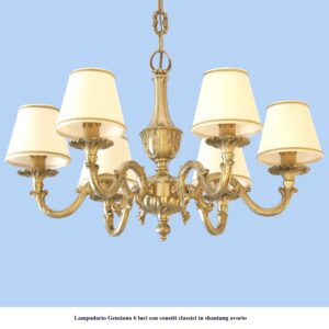 lampadario in ottone modello Genziana 6 luci con conetti classici